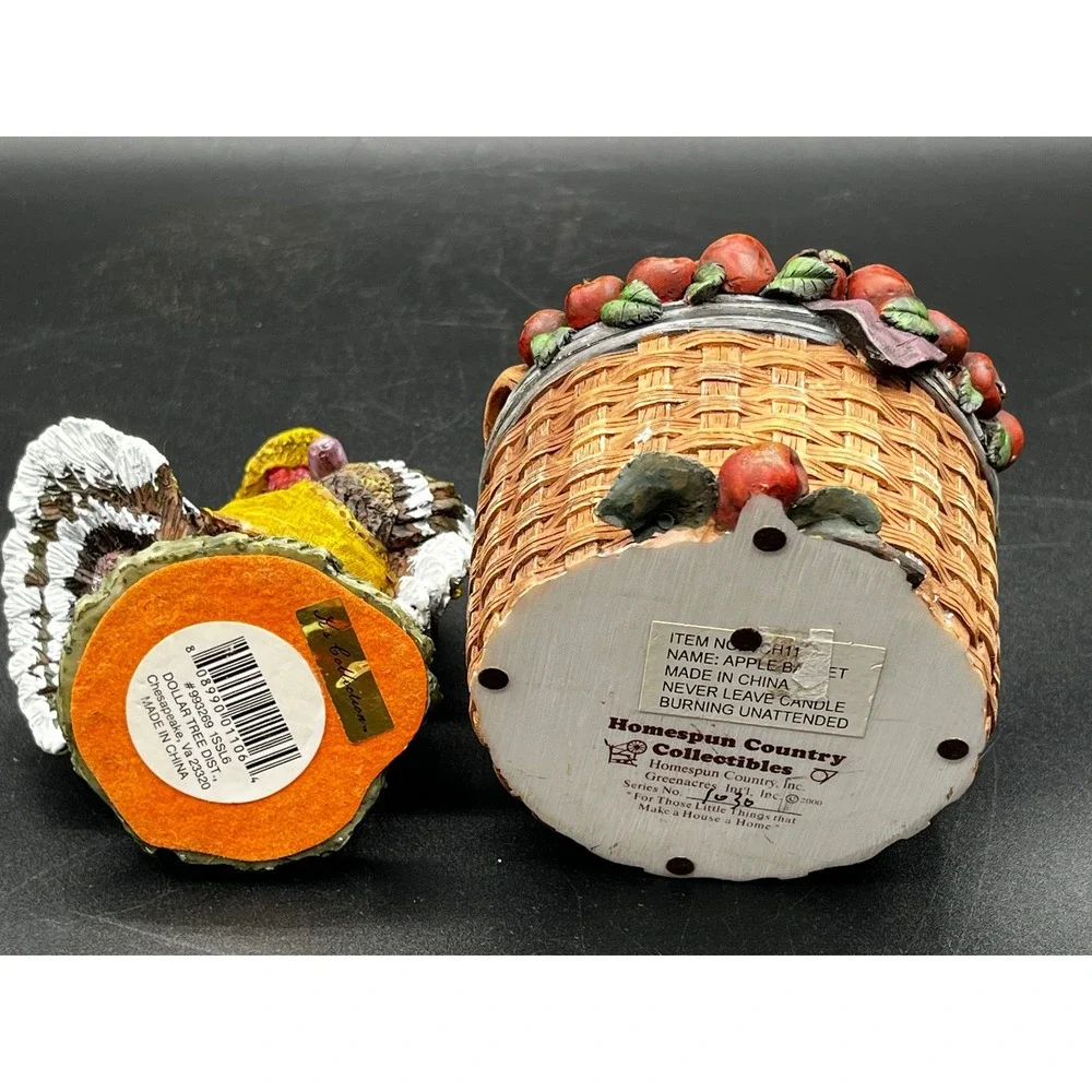 Homespun Country Thanksgiving Turkey Figurine Apple Basket Votive Holder Set